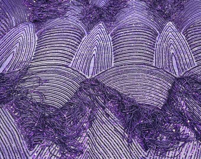 Purple shiny fringe sequins design on a 4 way stretch mesh fabric-prom-sold by the yard.