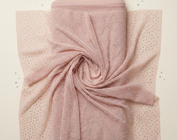 Blush Pink Rhinestone Mesh Fabric 60” Wide | Sheer Stretch AB Crystal Glitter Mesh by Yard | Bridal Dress Dance Costume Sparkle Fabric