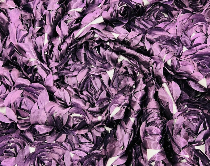 Eggplant 3D Rosette Embroidery Satin Rose Flowers  Floral Mesh Fabric by the yard