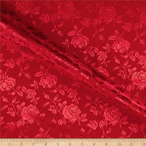 Red 60&quot; Wide Polyester Flower Brocade Jacquard Satin Fabric, Sold By The Yard.
