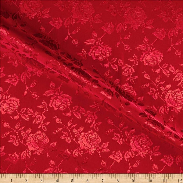 Red 60" Wide Polyester Flower Brocade Jacquard Satin Fabric, Sold By The Yard.