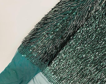 Hunter Green - Vegas Beaded Sequin Stretch Mesh Fabric, Embroidered Design for Prom Gown, by The Yard