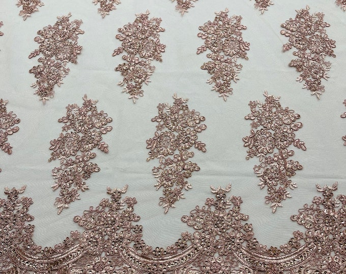 Dusty Rose corded embroider with sequins on a mesh lace fabric-prom-sold by the yard.