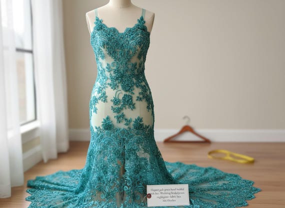 jade green lace dress Elegant Beaded Fabric, Mesh with Floral Design for Dresses and Bridal Wear UK-Bridesmaid-1