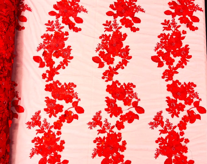 Red Diana 3d floral design embroider with pearls in a mesh lace-sold by the yard.