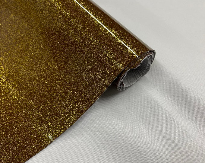 Dark Gold 53/54" Wide Shiny Sparkle Glitter Vinyl, Faux Leather PVC-Upholstery Craft Fabric Sold by The Yard.