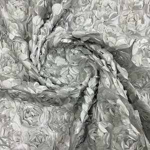 Silver 3D Rosette Embroidery Satin Rose Flowers  Floral Mesh Fabric by the yard