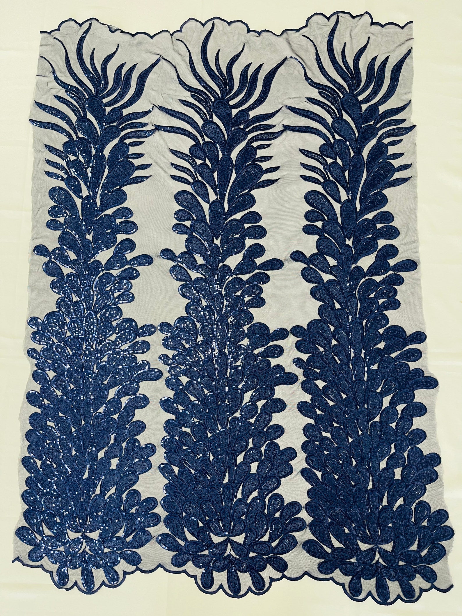 Royalty Feathers Peacock with Embroidery sequins on stretch Mesh Lace Fabric (By 3 Panels) Navy Blue main image 1