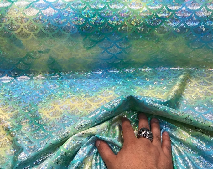 Green tie dyed iridescent mermaid fish scales on 2 way Stretch spandex-dragon scales-leggings-skirts-dresses-fashion-sold by the yard.