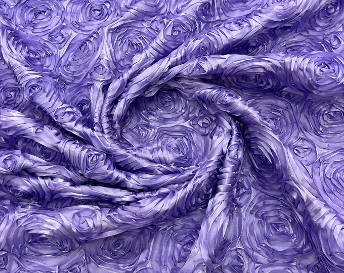 Lavender 3D Rosette Embroidery Satin Rose Flowers  Floral on a satin Fabric by the yard.