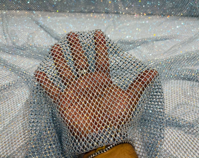 Light Blue AB Iridescent Rhinestones On Soft Stretch Fish Net Fabric 45" Wide -sold by The Yard.