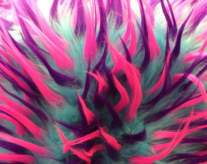 3 tone spikes faux fur- aqua/fuchsia/purple.shaggy faux fur sold by the yard.