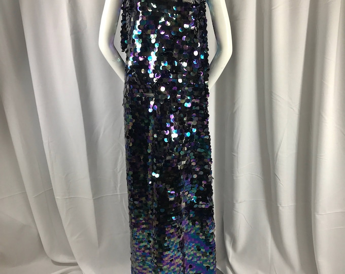 Black round hologram iridescent mermaid fish scales on a black mesh-prom-nightgown-decorations-dresses-craft-sold by the yard.