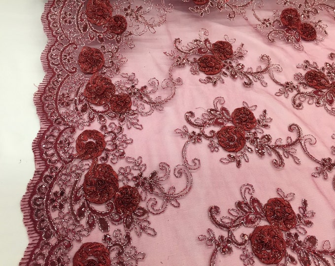 Burgundy/silver 3d flowers embroider with sequins on a burgundy mesh lace. Sold by the yard. Sold by the yard.