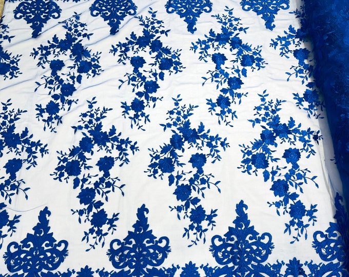 Royal Blue flowers flat lace embroider on a 2 way stretch mesh sold by the yard.