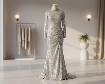 Silver White Stretch Velvet with Shiny 5mm Sequins, 54" Wide Fabric Sold by the Yard
