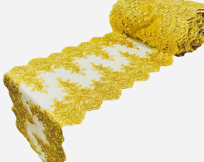 GOLD 14"Wide X 90"Long  Sequins Gold Metallic Embroidered Lace on Mesh Fabric, Trim Lace, Table Runner.