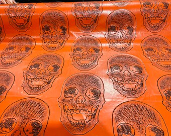 Orange 53/54" Wide Skull Fake Leather Upholstery, 3D Faux Leather PVC Vinyl Fabric Sold By The Yard.