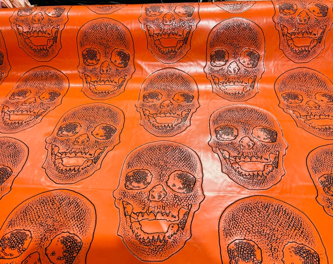 Orange 53/54" Wide Skull Fake Leather Upholstery, 3D Faux Leather PVC Vinyl Fabric Sold By The Yard.