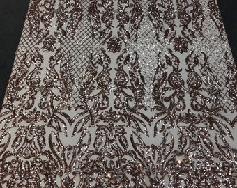 Rose gold sequin damask design embroidery on a 4 way stretch mesh-dresses-prom-nightgown-sold by yard-free shipping.