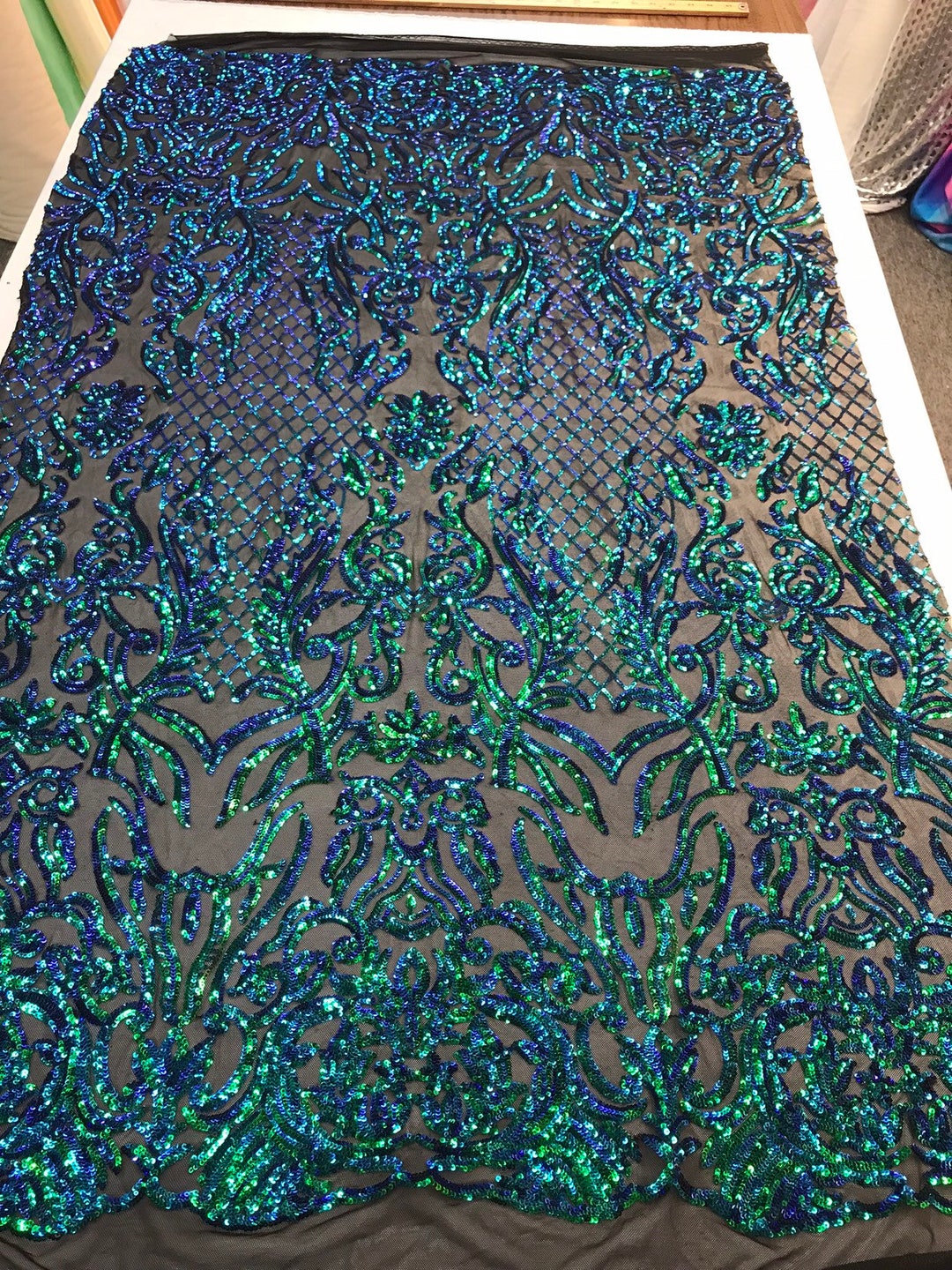 IRIDESCENT GREEN SEQUINDAMASK DESIGN EMBROIDERY ON A 4 WAY STRETCH MESH-BY YARD main image 0