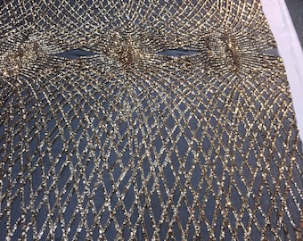Gold Sequins diamond design embroidery on a black 4 way stretch power mesh-dresses-fashion-apparel-prom-nightgown-Sold by the yard.