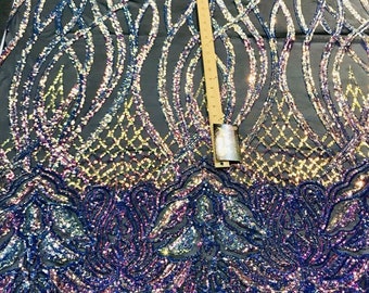 Iridescent phoenix flames sequin design on a 4 way stretch mes-prom-nightgown-Vegas shows-sold by the yard-free shipping in the USA-