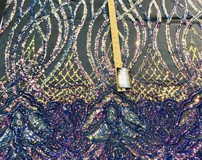 Iridescent phoenix flames sequin design on a 4 way stretch mes-prom-nightgown-Vegas shows-sold by the yard-free shipping in the USA-