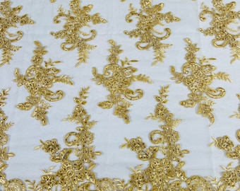 Gold Lex floral design corded and embroider with sequins on a mesh lace fabric-prom-sold by the yard.