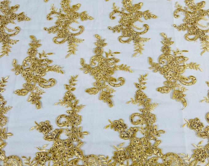 Gold Lex floral design corded and embroider with sequins on a mesh lace fabric-prom-sold by the yard.