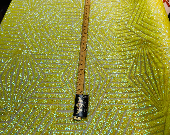 Yellow iridescent sequin geometric diamond design on a 2 way stretch mesh fabric-prom-nightgown-sold by the yard-free shipping in the USA-