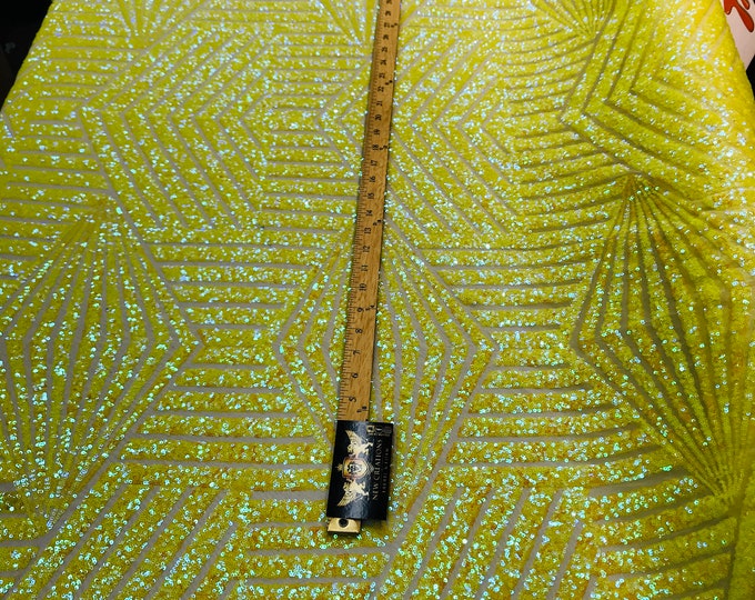 Yellow iridescent sequin geometric diamond design on a 2 way stretch mesh fabric-prom-nightgown-sold by the yard-free shipping in the USA-