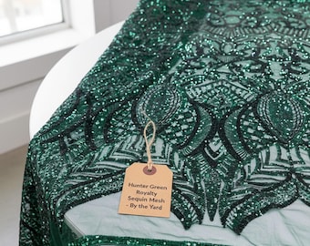 Sequin Royalty Design Fabric in Hunter Green, Embroidered Mesh