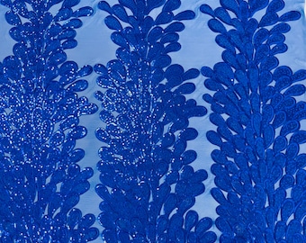 Royal blue vegas design-Feathers Peacock with Embroidery sequins on stretch Mesh Lace Fabric (By 3 Panels)