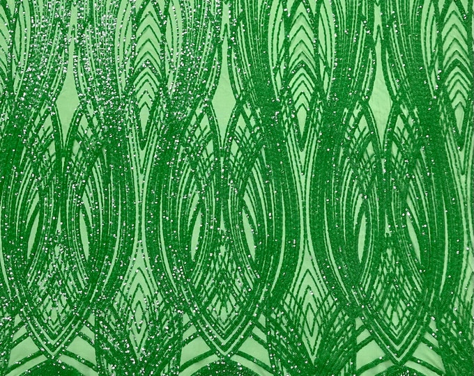 Green Feather damask glossy sequin design on a 4 way stretch mesh-prom-sold by the yard.