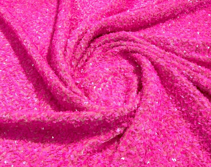 Hot Pink stretch velvet with luxury sequins all over 5mm shining sequins 2-way stretch, sold by the yard.