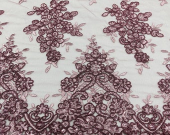 Mauve rose flower lace corded and embroider with sequins on a mesh-Sold by the yard.