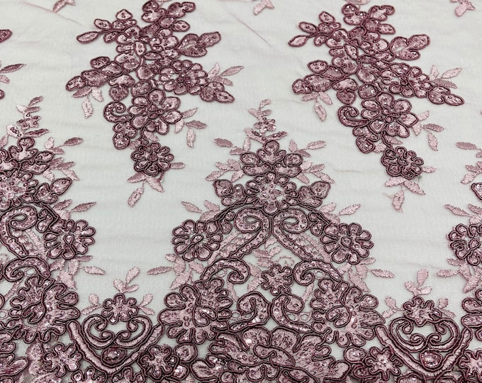 Mauve rose flower lace corded and embroider with sequins on a mesh-Sold by the yard.