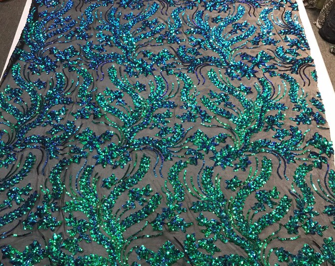 Iridescent green sequins vine design embroidery on a black 4 way Stretch Mesh-dresses-apparel-prom-nightgown-sold by the yard.