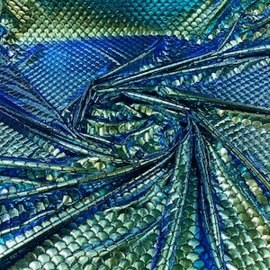 Green/blue iridescent mermaid fish scales on a black stretch spandex-sold by the yard.