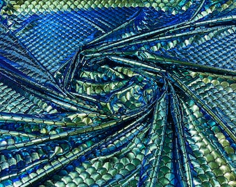 Green/blue iridescent mermaid fish scales on a black stretch spandex-sold by the yard.