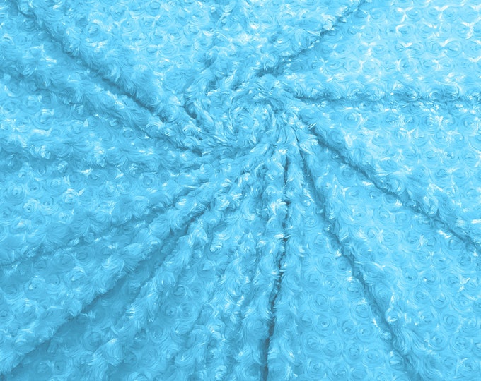 Aqua Blue 58" Wide Minky Swirl Rose Blossom Ball Rosebud Plush Fur Fabric Polyester