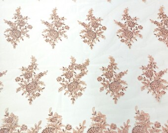 Blush Pink floral corded embroider with sequins on a mesh lace fabric-prom-sold by the yard.