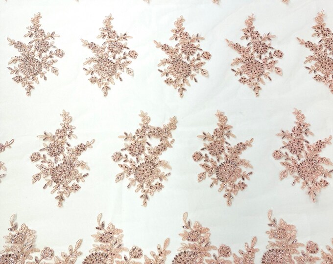 Blush Pink floral corded embroider with sequins on a mesh lace fabric-prom-sold by the yard.