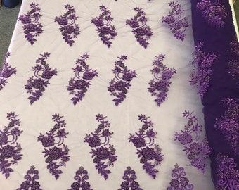 Purple hand beaded floral design embroidery with shiny sequins on a mesh lace-dresses-fashion-apparel-prom-nightgown-sold by the yard.