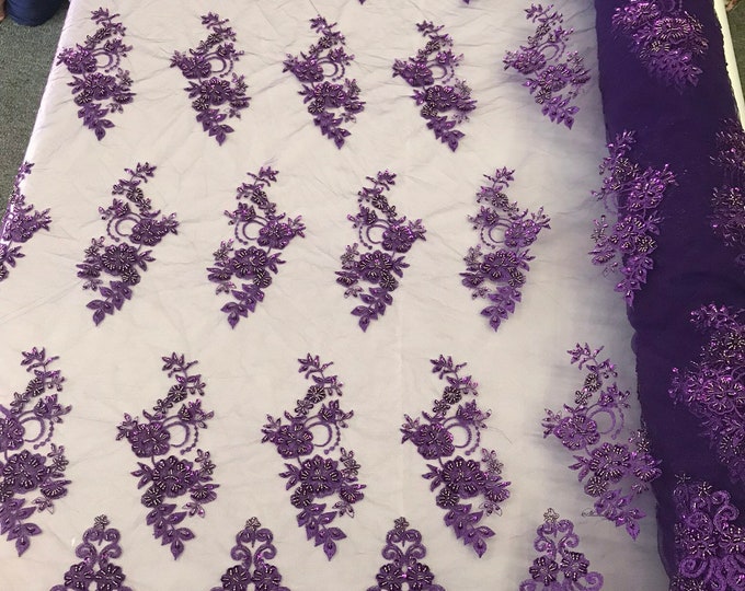 Purple hand beaded floral design embroidery with shiny sequins on a mesh lace-dresses-fashion-apparel-prom-nightgown-sold by the yard.