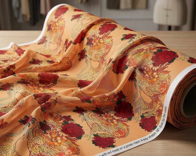 Dragon Rose Mesh Fabric 58” Wide | Sheer Stretch Power Mesh | Asian Dragon Floral Print Spandex Fabric for Fashion & Costume