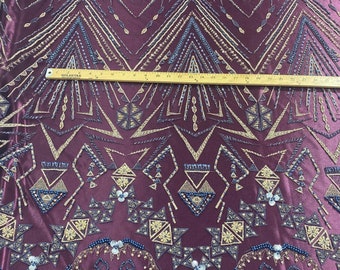 Plum multi color geometric design with heavy beaded and sequins on a mesh lace-prom-nightgown-sold by the yard.