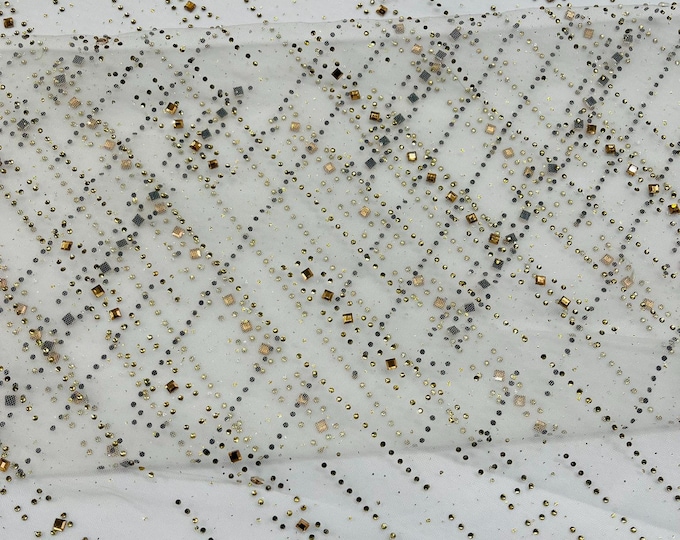 Off White - Glitter Rhinestone Fabric Invisible Mesh by The Yard. (by The Yard).