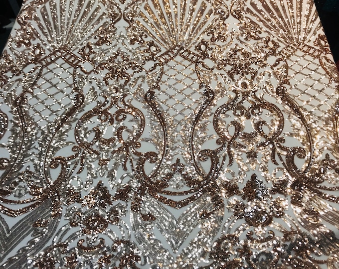Rose gold shiny sequin damask design on a 4 way stretch mesh-sold by the yard.